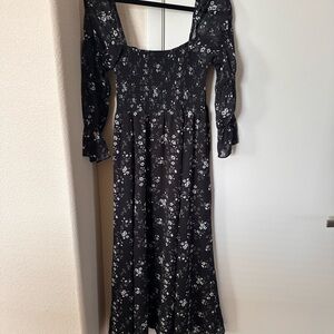 o.p.t Black Floral Smocked Midi Dress | Square Neck Puff Sleeve